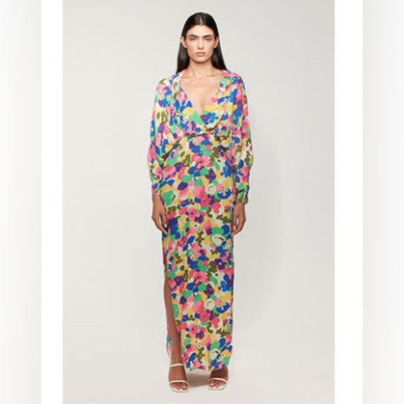 NEW! Long Sleeve Multicolor V-Neck Slit Maxi Dress - Picture 1 of 3
